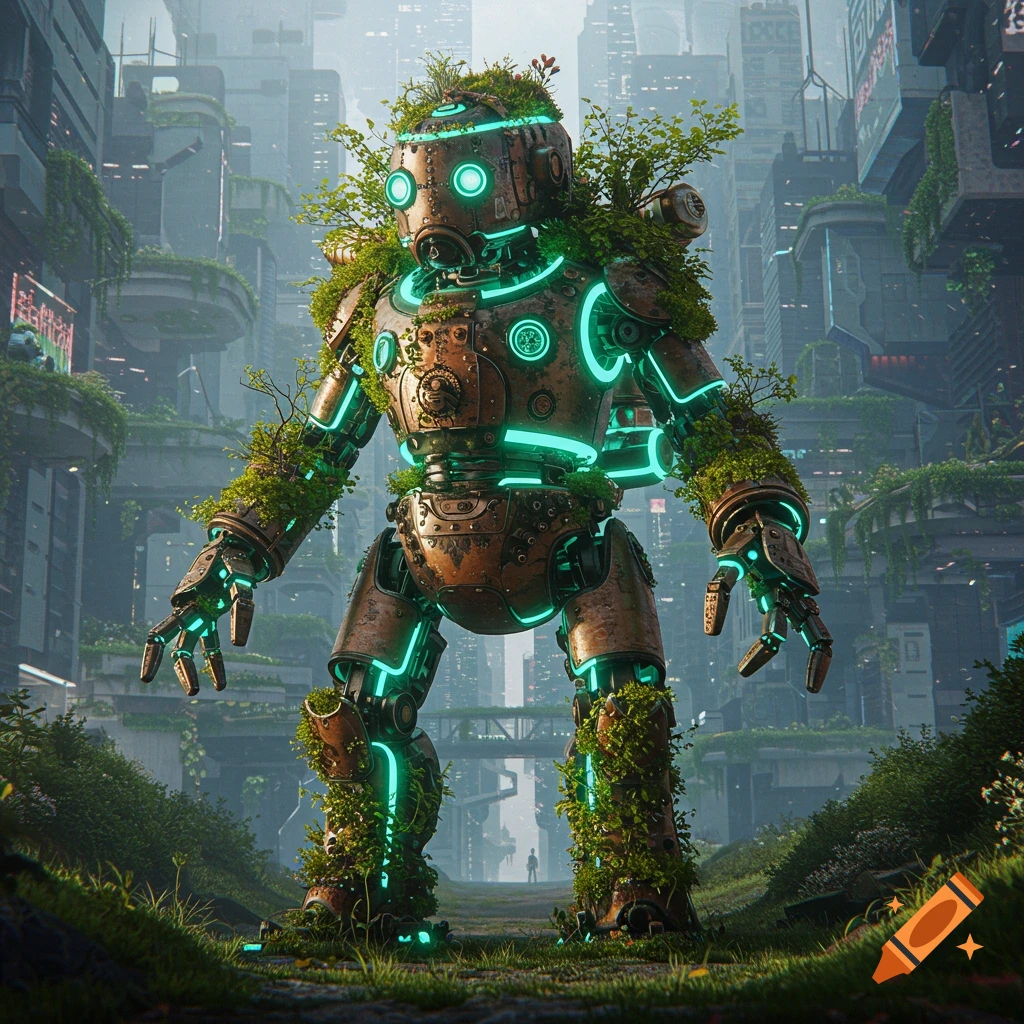 A large, rusted robot with glowing blue accents and covered in green vines stands in an overgrown, futuristic city.