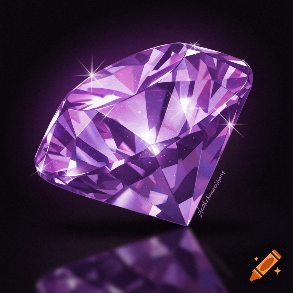 A sparkling purple diamond with facets reflecting light, sitting on a dark surface with a subtle reflection.