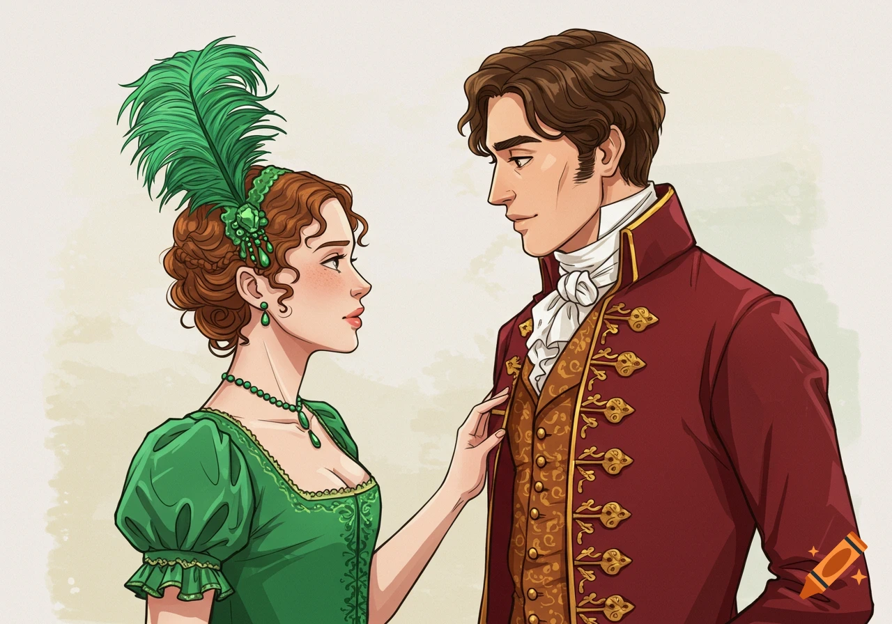 A man and woman in Regency-era clothing look at each other, the woman in green with a feathered hat, the man in a red jacket, in an illustrated style.