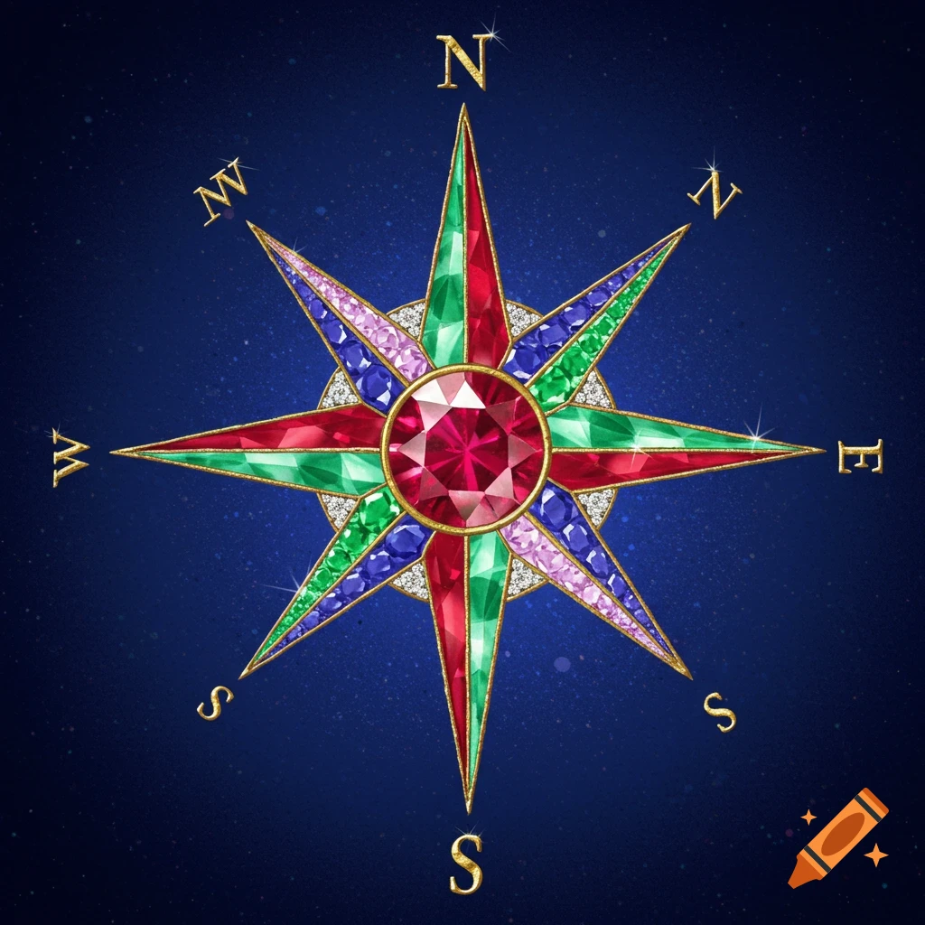A sparkling gemstone compass rose with gold cardinal and intercardinal directions on a dark blue background.