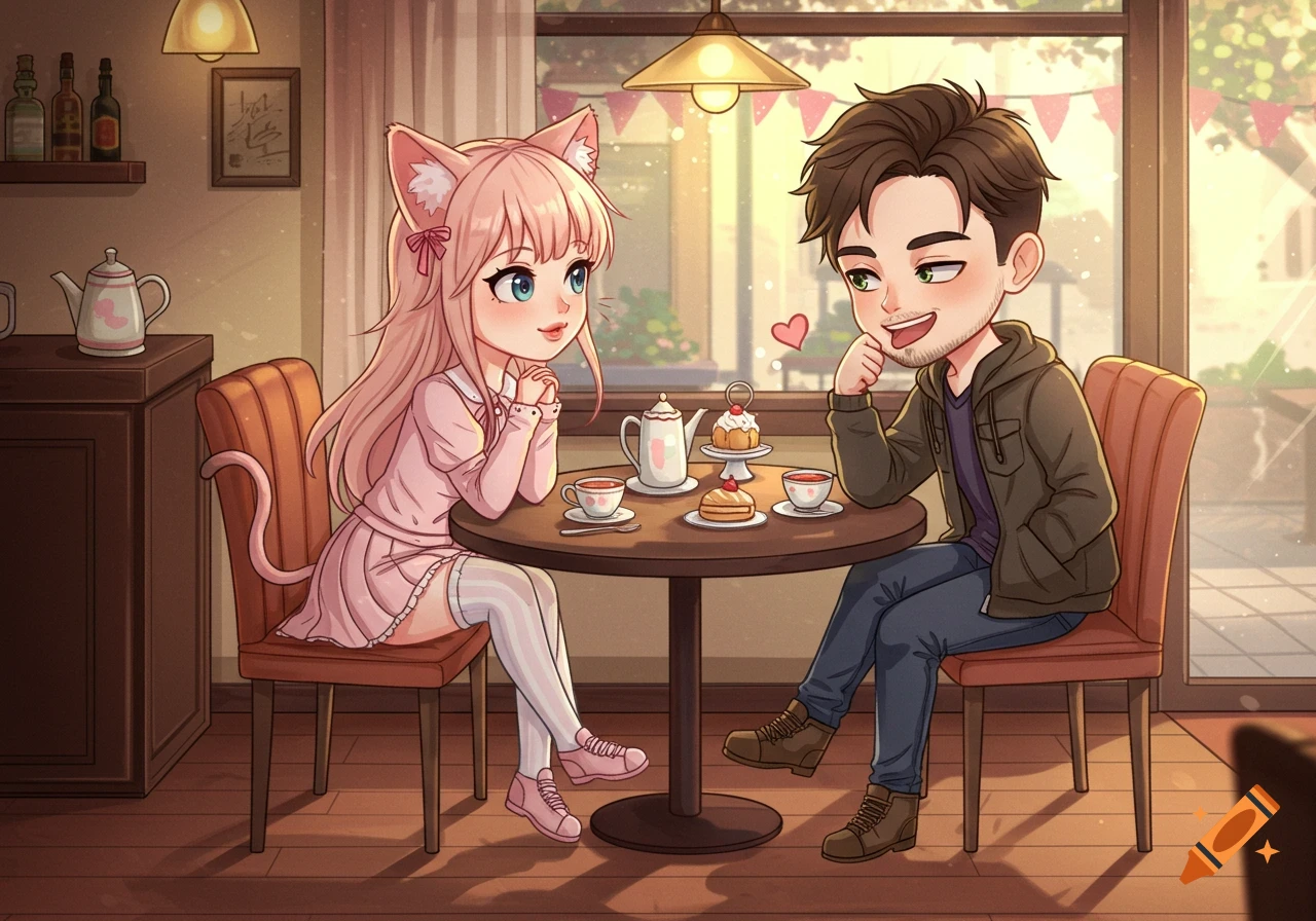 Chibi anime couple, a cat girl and a man, on a date in a cozy cafe, with tea and pastries.