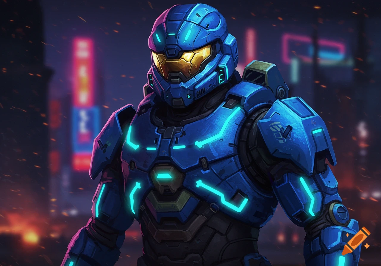 A detailed digital illustration of a blue armored character with glowing teal accents, standing in a futuristic, neon-lit city at night.