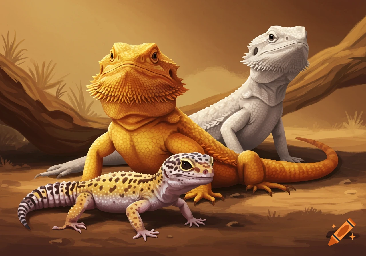 A yellowish-orange bearded dragon, a grayish-white bearded dragon, and a leopard gecko on brown ground with a log.