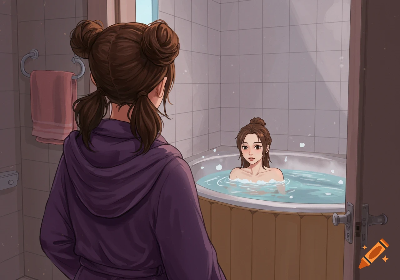 Anime drawing of a woman in a purple bathrobe watching her friend bathing in a hot tub in a bathroom.