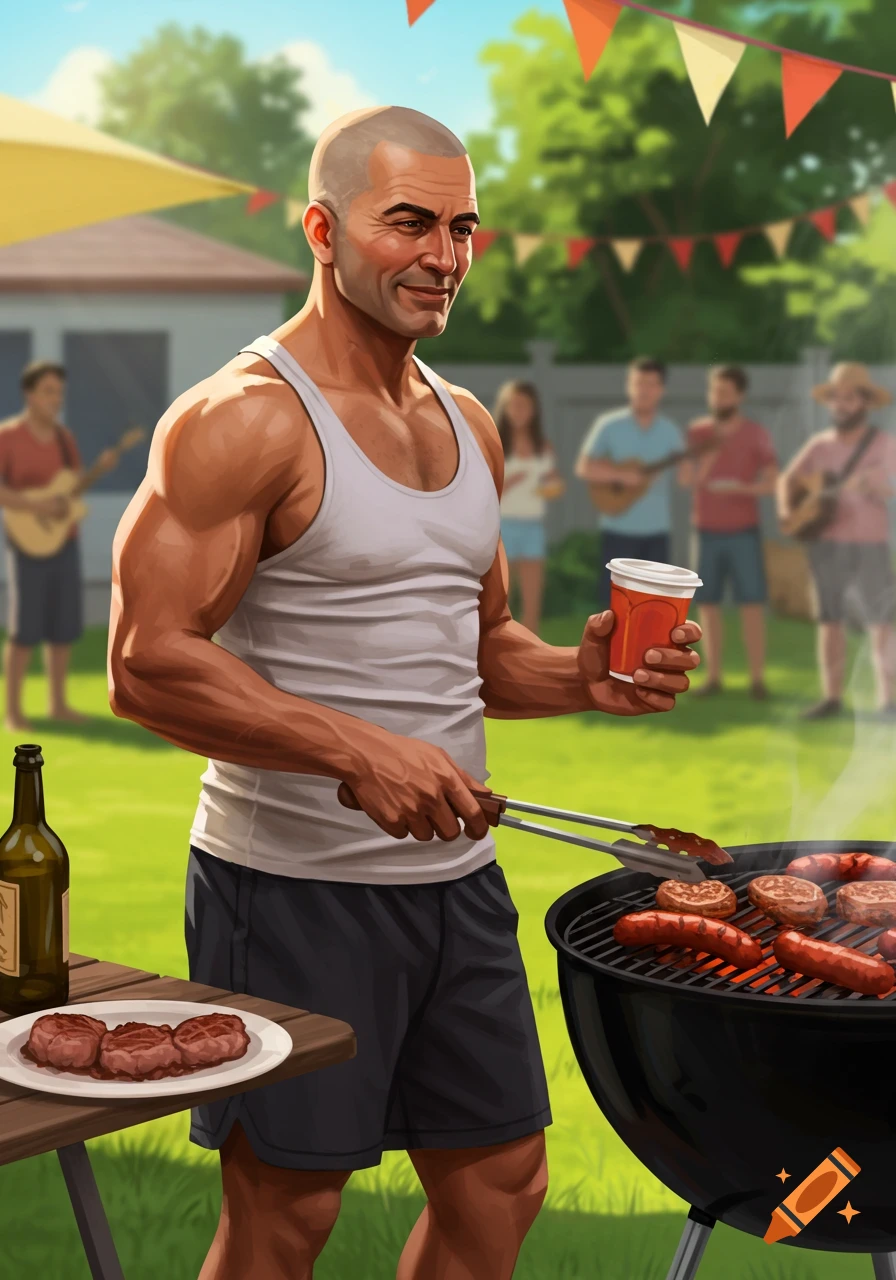 A muscular man in a tank top smiles while grilling sausages and steaks at a sunny outdoor BBQ party.