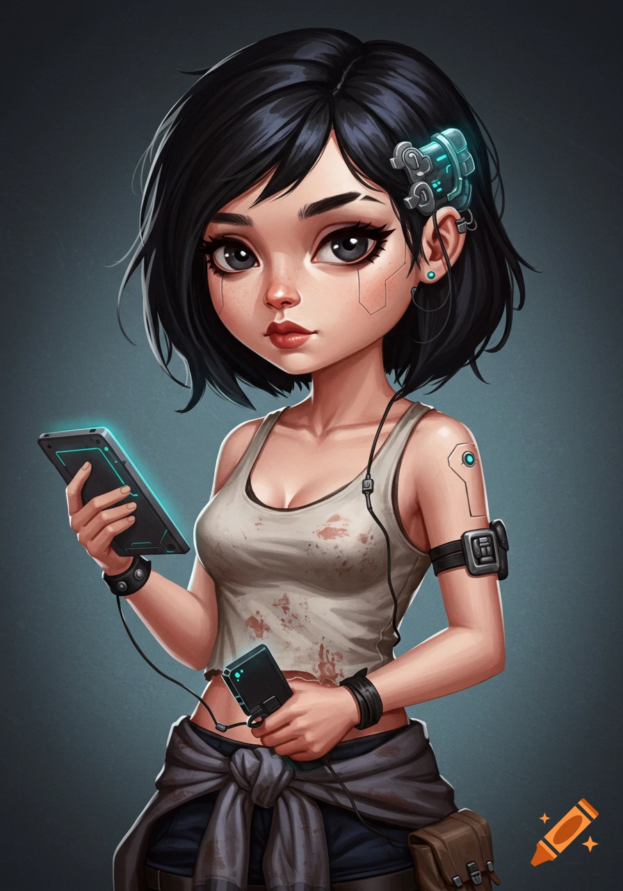 A cartoon-style woman with short black hair and a cranial implant, wearing a dirty tank top, holding a glowing datapad.