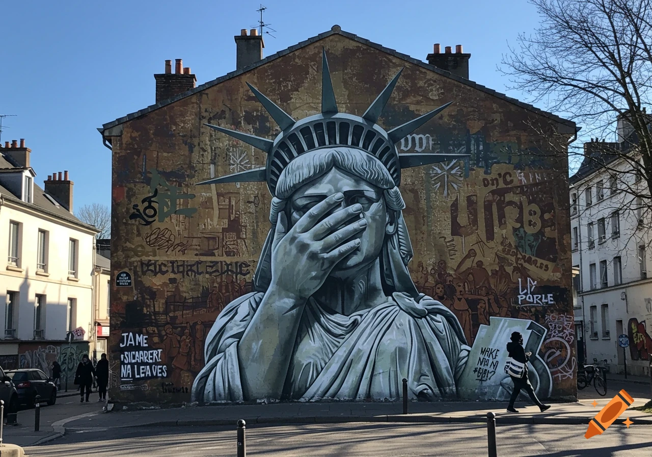A large mural of the Statue of Liberty covering her face is painted on the side of a building in an urban street scene.