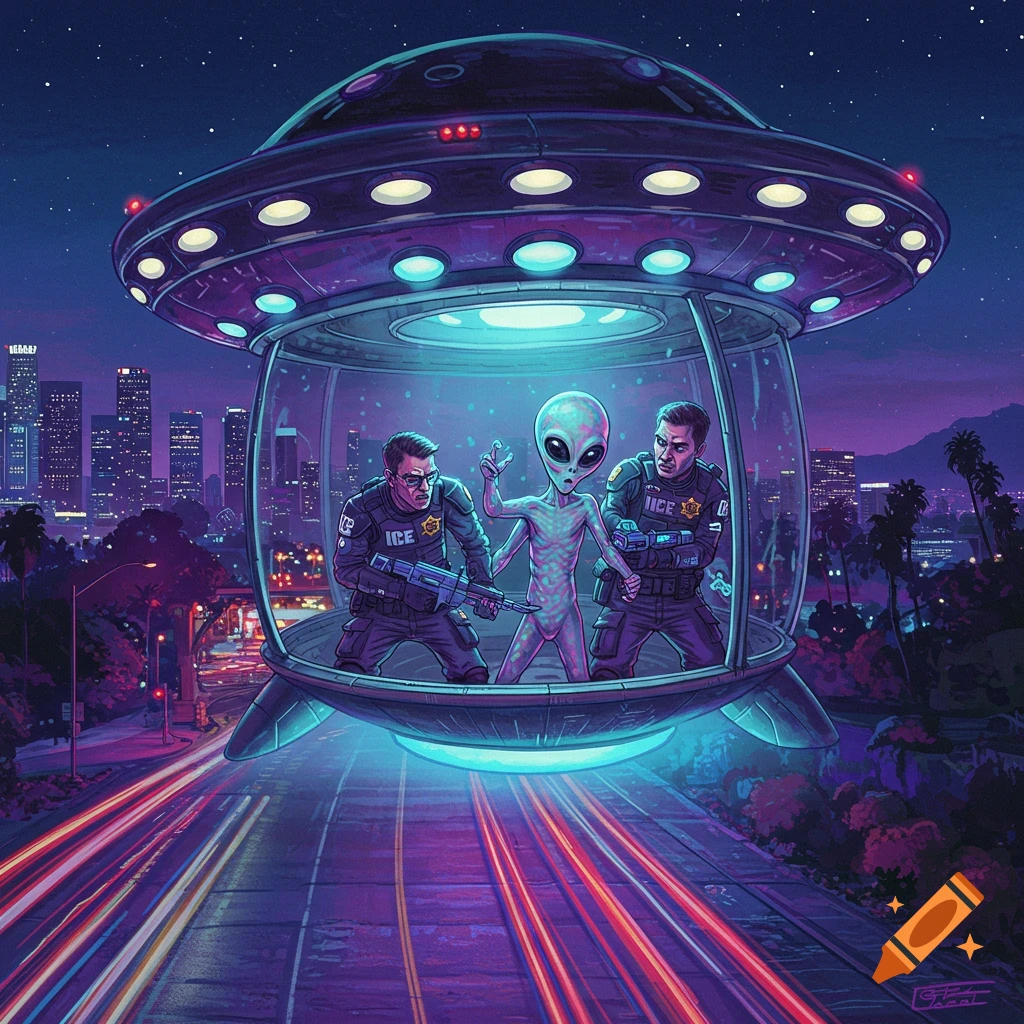 Stylized illustration of a UFO hovering over a city highway at night, with two ICE deputies and a four-armed alien inside.