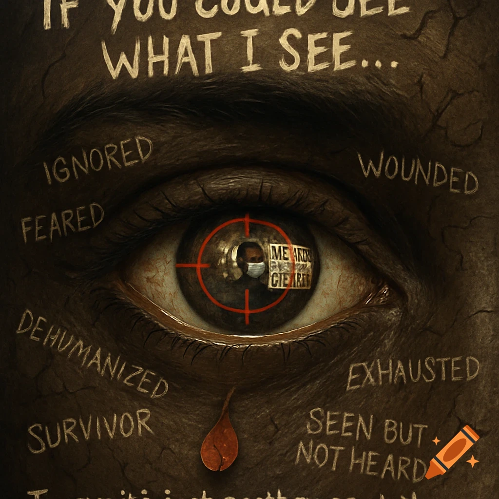 A close-up of a dark eye, with a red target symbol overlaid on the iris. Inside the iris, a small reflection shows a person wearing a mask. Surrounding the eye, words like "IGNORED", "FEARED", "WOUNDED", "DEHUMANIZED", "SURVIVOR", "EXHAUSTED", and "SEEN BUT NOT HEARD" are scratched onto a textured, dark background. A tear-shaped leaf drips below the eye. Above, the phrase "IF YOU COULD SEE WHAT I SEE..." is written.