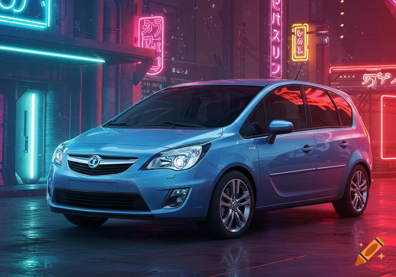 A blue car parked on a wet street at night, illuminated by vibrant neon signs in a cyberpunk city.