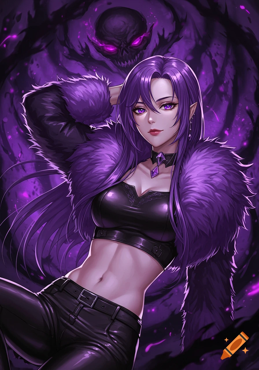 An anime woman with long purple hair and purple eyes wears a black crop top, leather pants, and a purple fur coat. A shadowy skull aura is behind her.