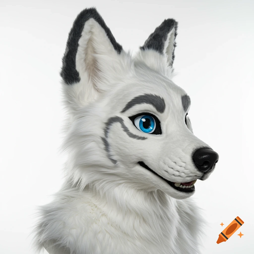 Close-up of a white wolf fursuit head with bright blue eyes and grey markings against a plain white background.
