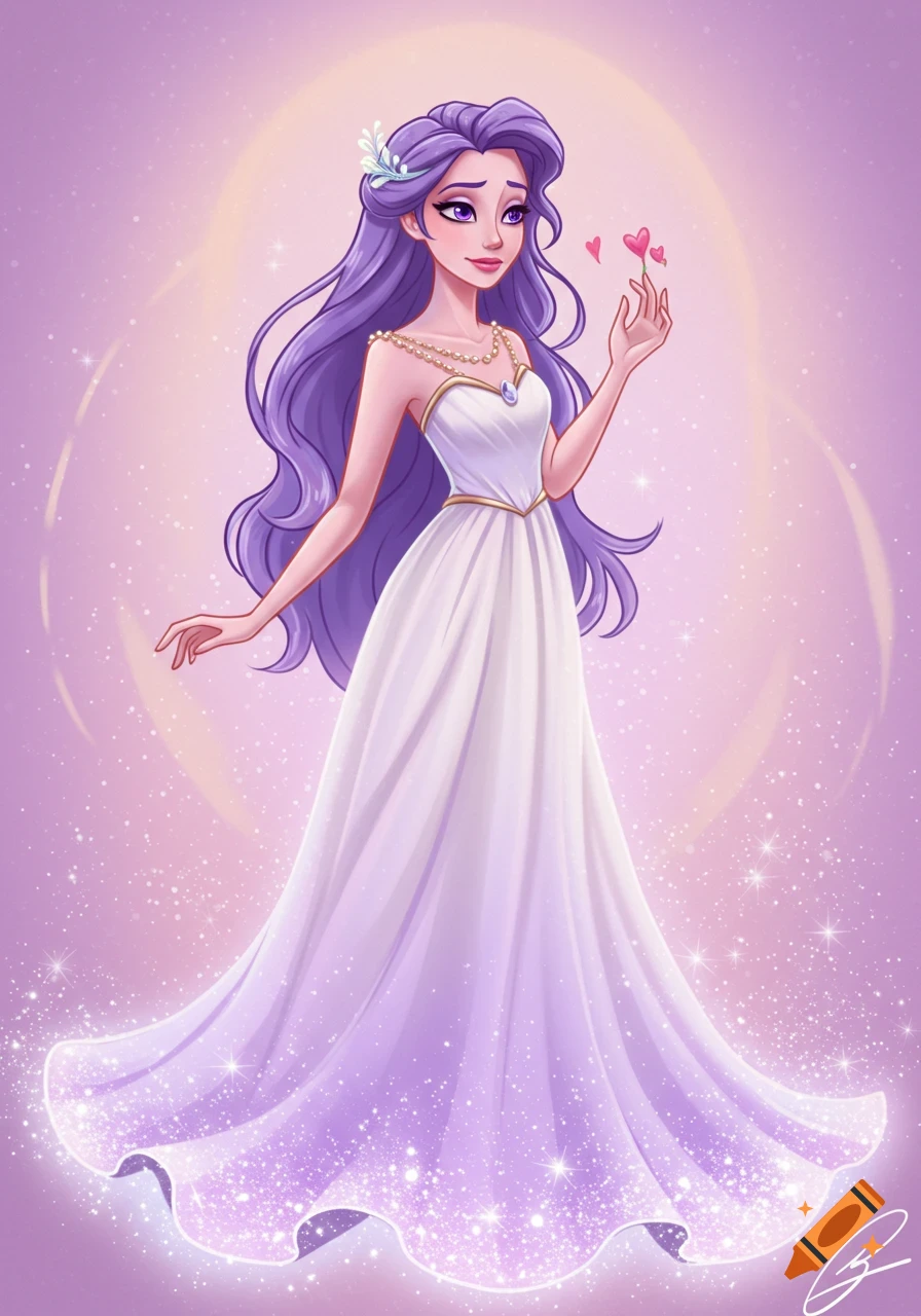 A violet-haired and violet-eyed woman in a flowing, pearlescent white goddess dress with a purple gradient, holding small pink hearts. Disney style.