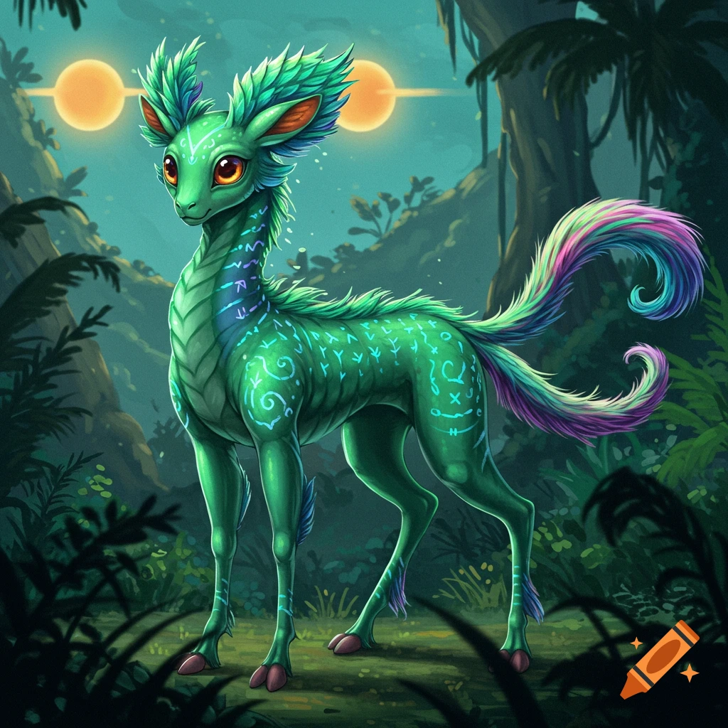 A vibrant green, deer-like alien creature with glowing orange eyes and a multi-colored tail stands in a lush, misty forest under two bright moons.