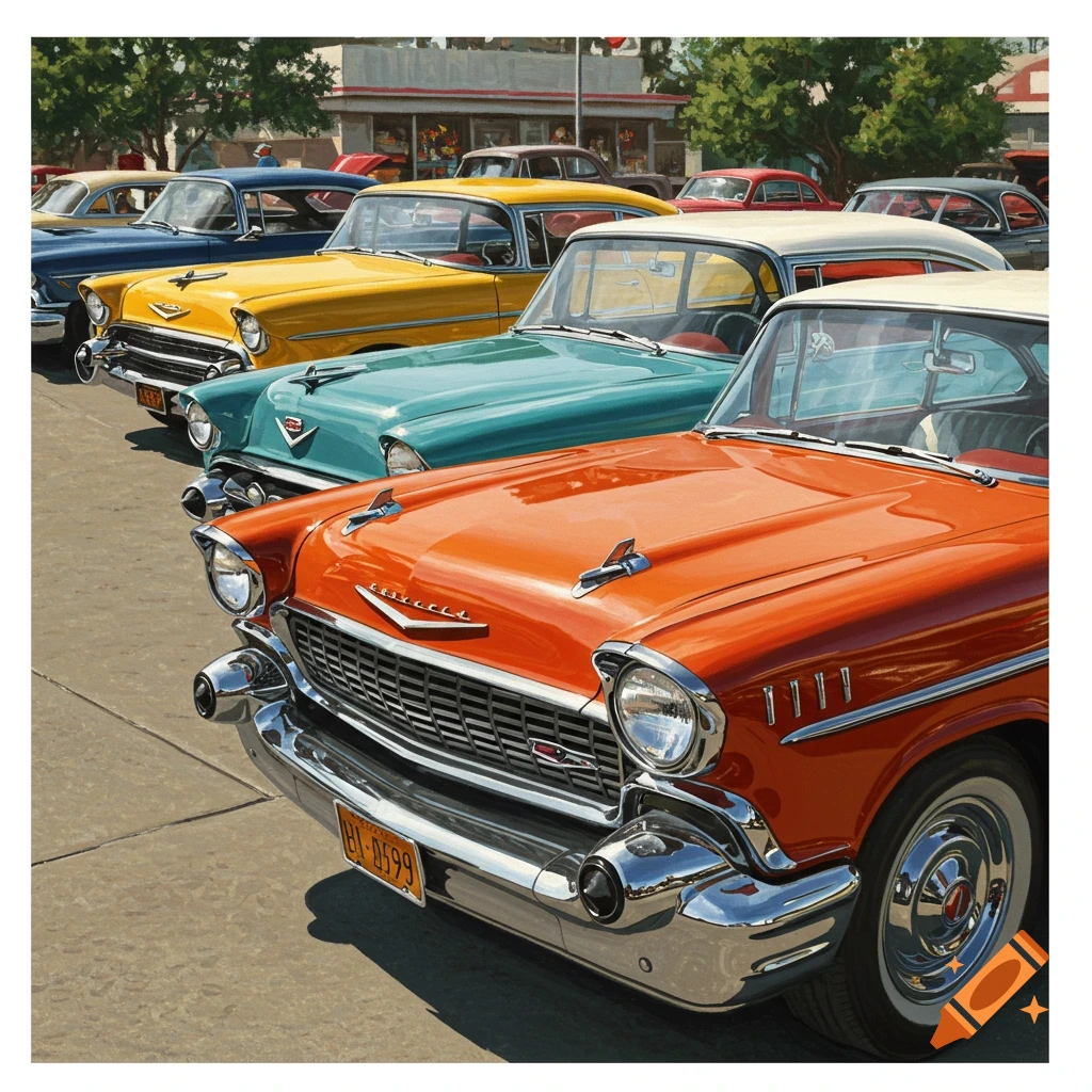 A row of brightly colored vintage cars, including orange, teal, yellow, and blue, parked in a lot.