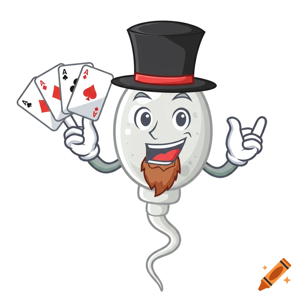 A cartoon sperm cell wearing a top hat and beard, holding fanned-out playing cards like a magician, on a white background.