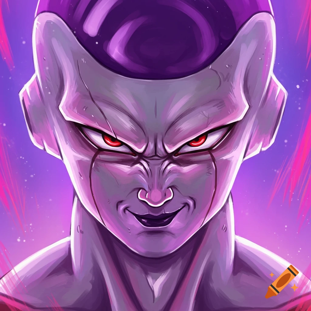 Close-up portrait of Frieza from Dragon Ball, featuring his intense red eyes and purple and white skin with a malicious grin.