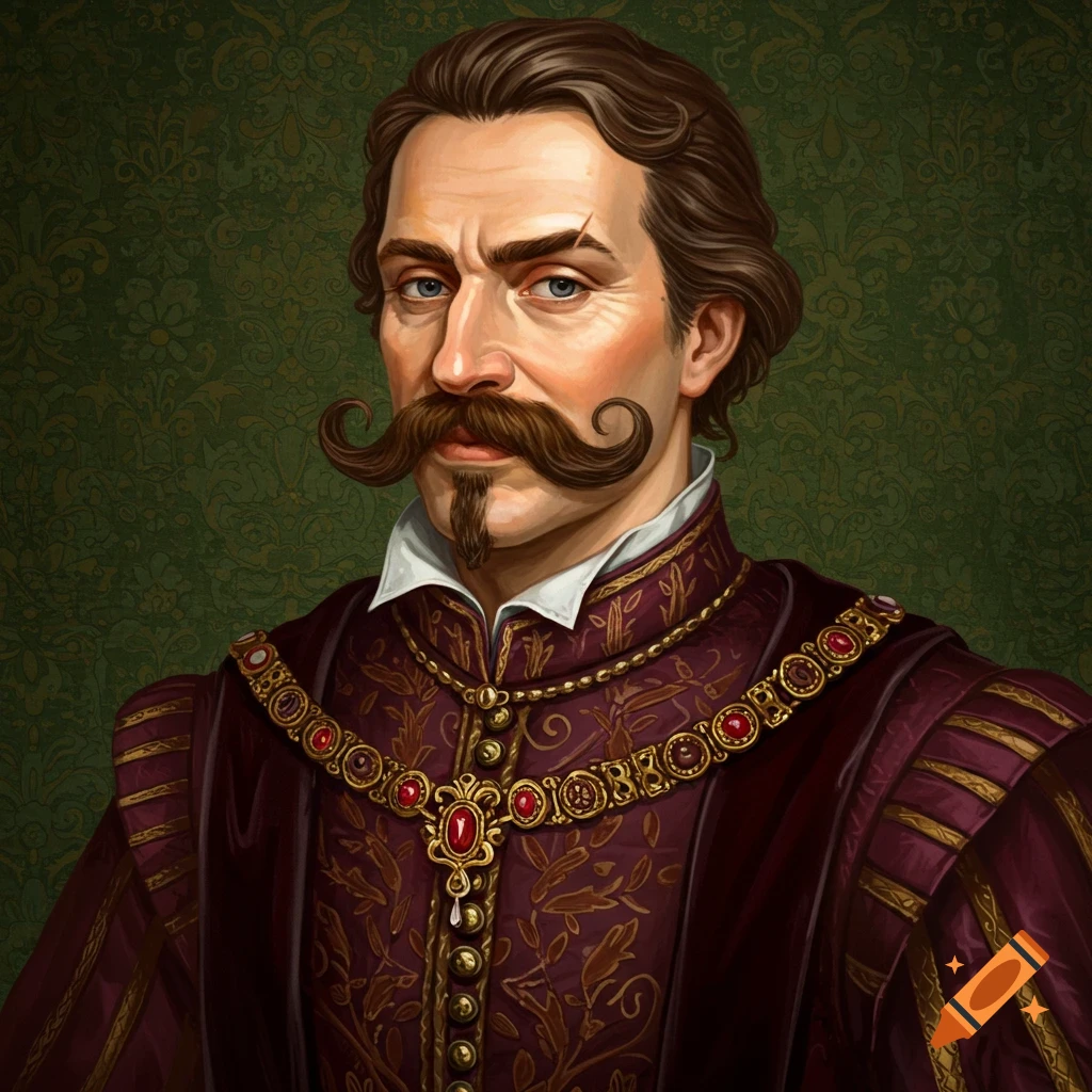 A painterly portrait of a nobleman with a fancy mustache, goatee, and stern expression, wearing an elaborate red and gold costume.