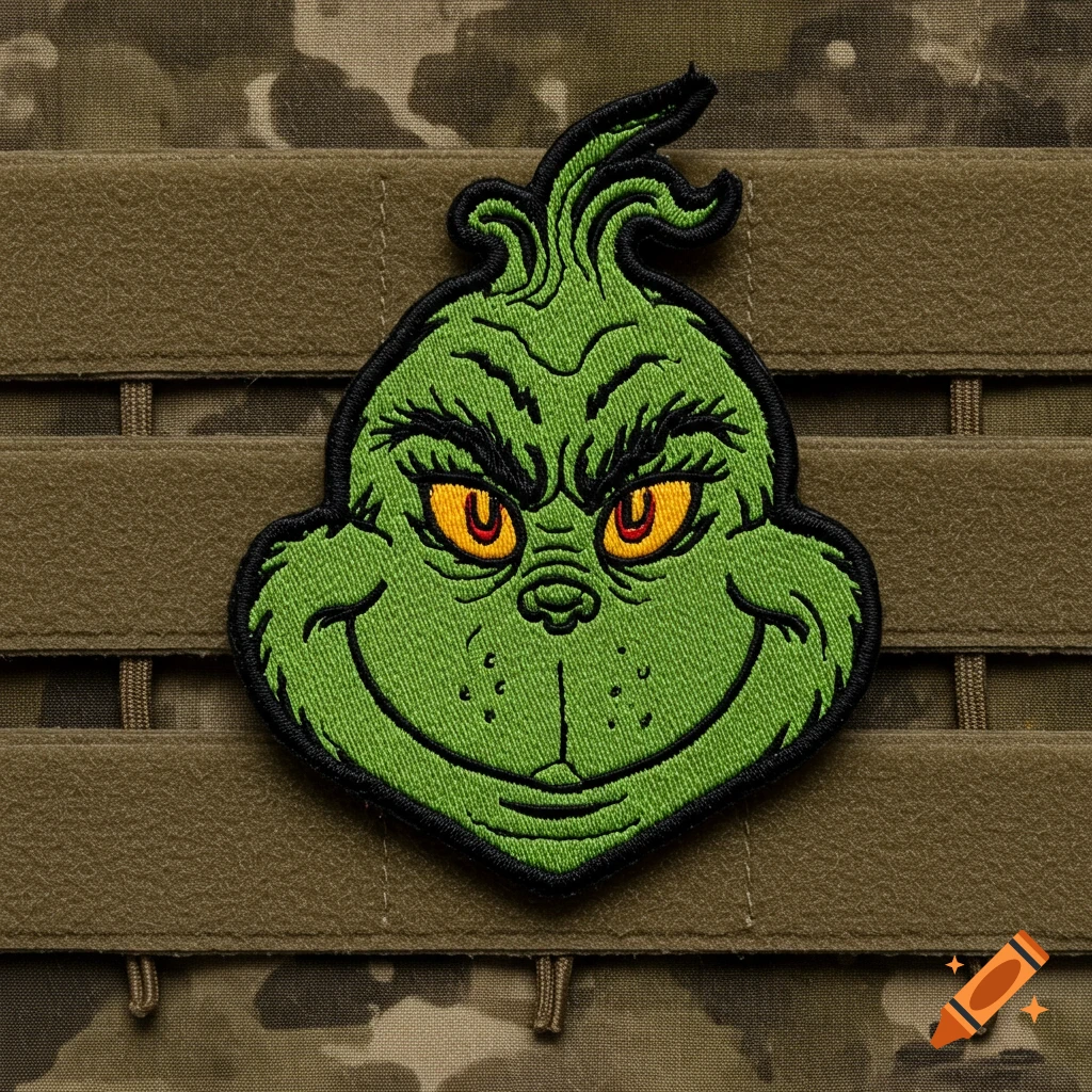 A green Grinch face embroidered patch with yellow eyes attached to olive drab tactical gear.