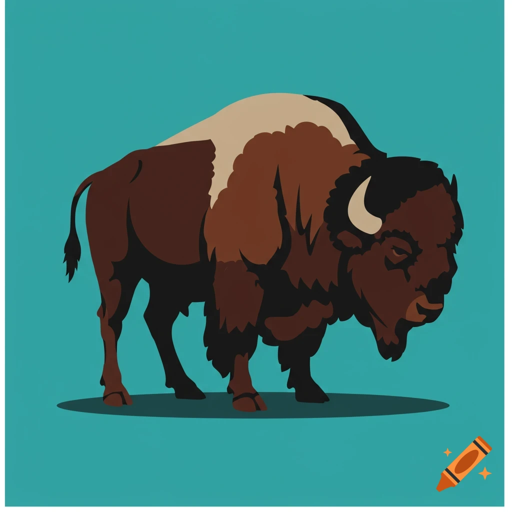 A stylized retro illustration of a brown buffalo with a light brown mane and black accents, set against a teal background.