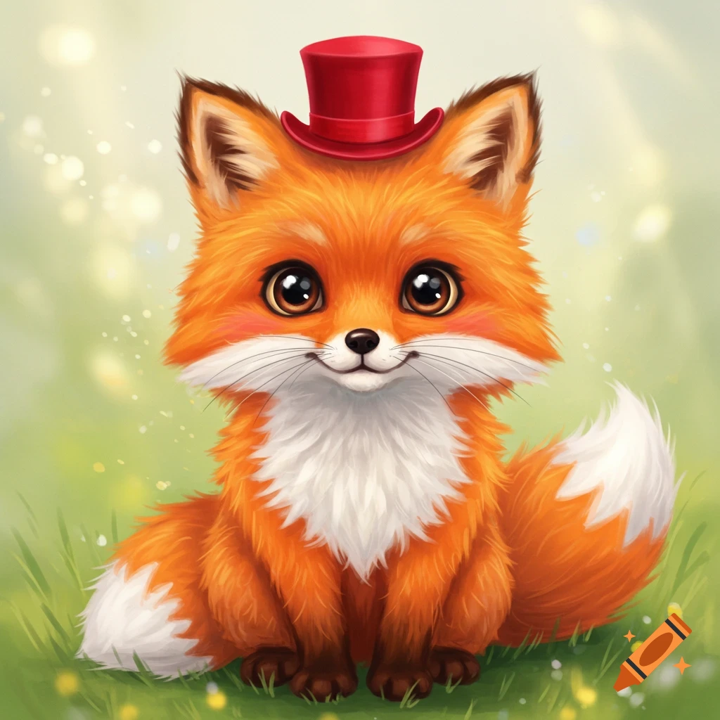A cute, fluffy cartoon fox with large eyes wearing a small red top hat, sitting in green grass.