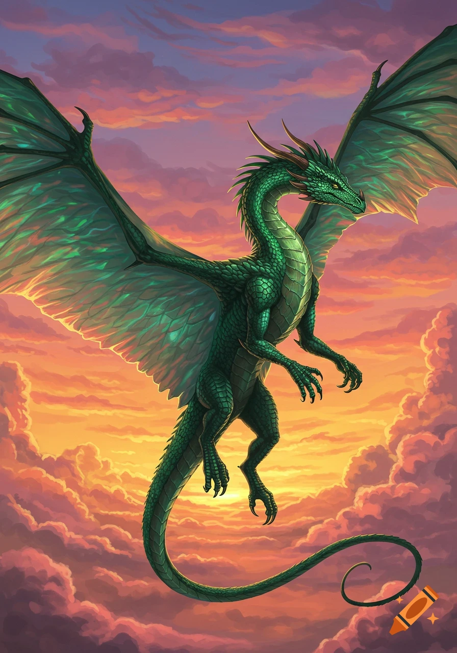 A vibrant green dragon with large wings flies through a beautiful orange and purple sunset sky.