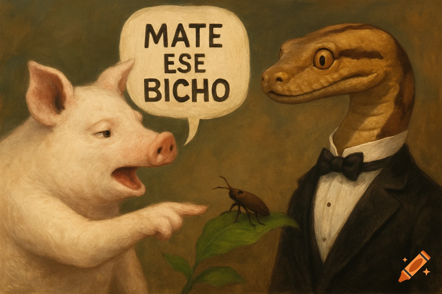 Painterly image of a pig pointing at a beetle, telling a snake in a tuxedo 'Mate ese bicho' via speech bubble.
