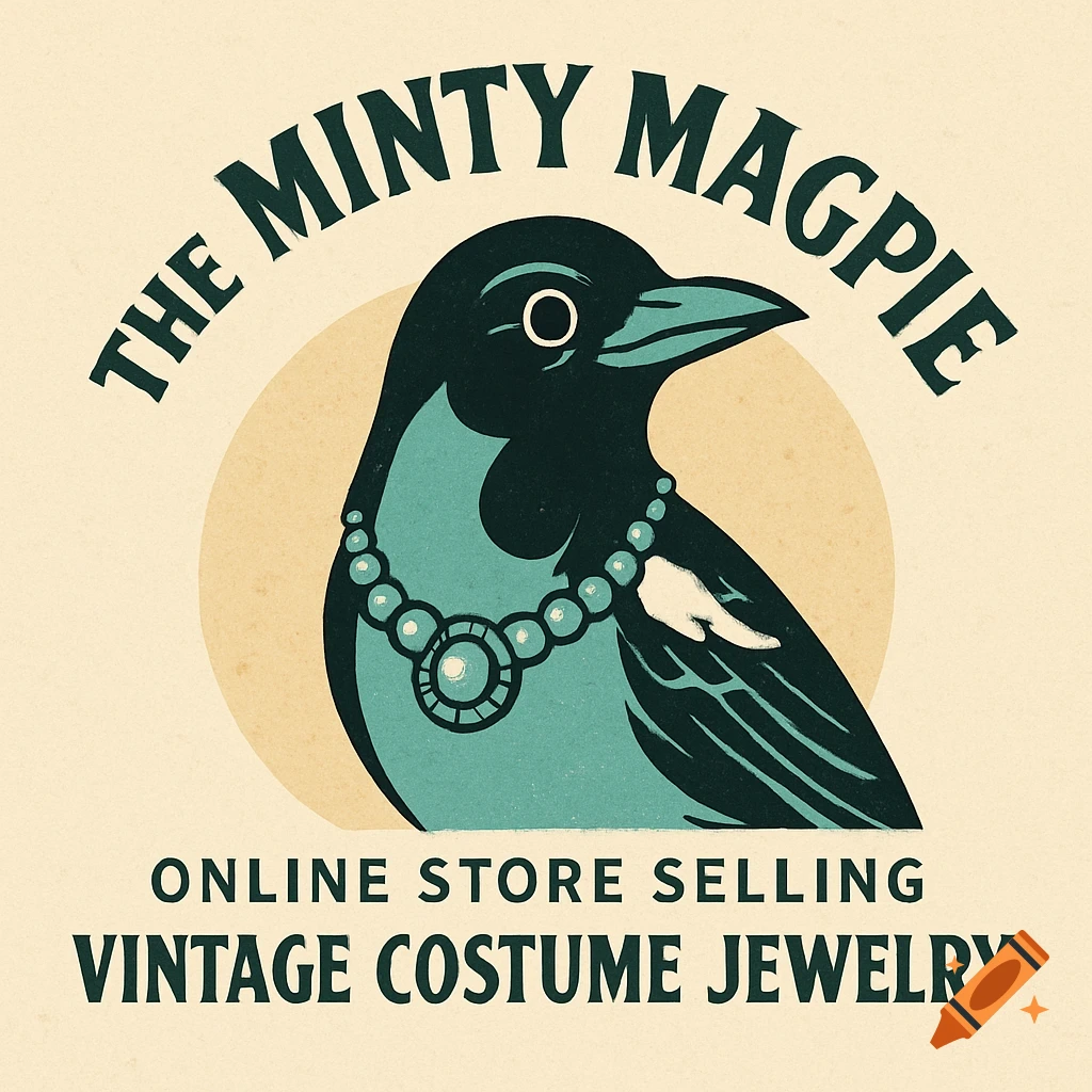 A retro-style logo featuring a magpie wearing a necklace, with text 'The Minty Magpie' and 'Online Store Selling Vintage Costume Jewelry'.