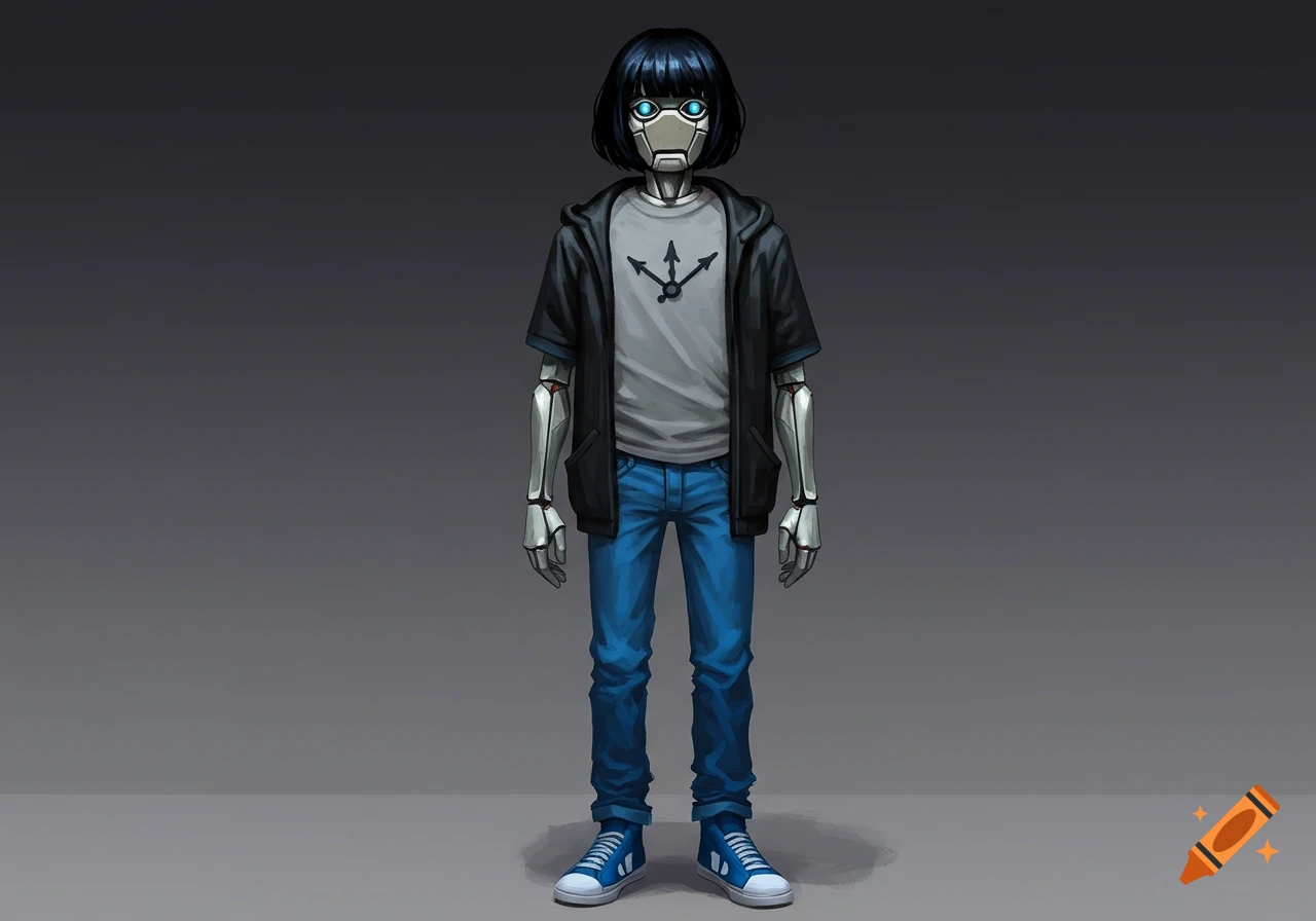 A full-body illustration of a clockwork golem with black hair, glowing blue eyes, wearing a gray t-shirt, black hoodie, blue jeans, and blue sneakers.