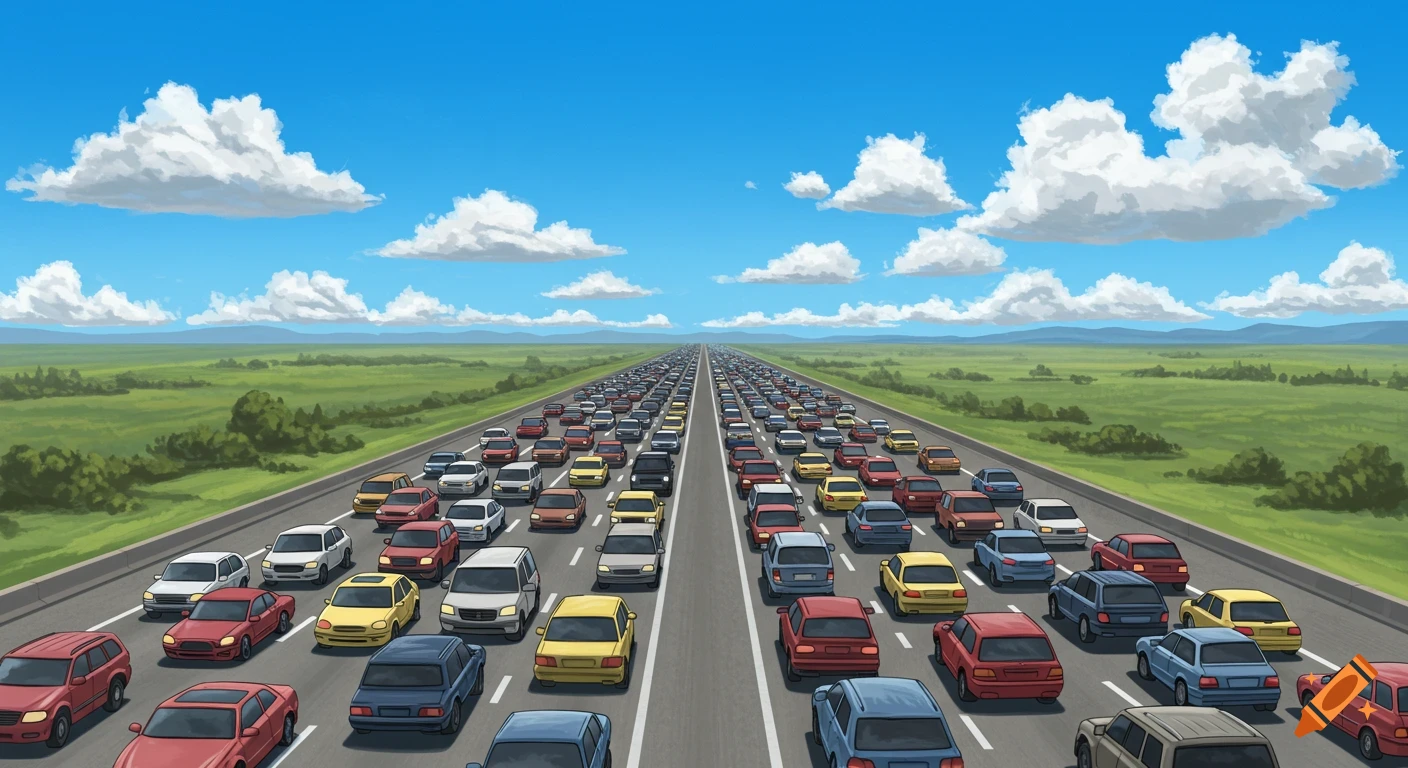 A cartoon illustration of a multi-lane highway completely full of cars stretching into the distance under a blue sky with clouds.