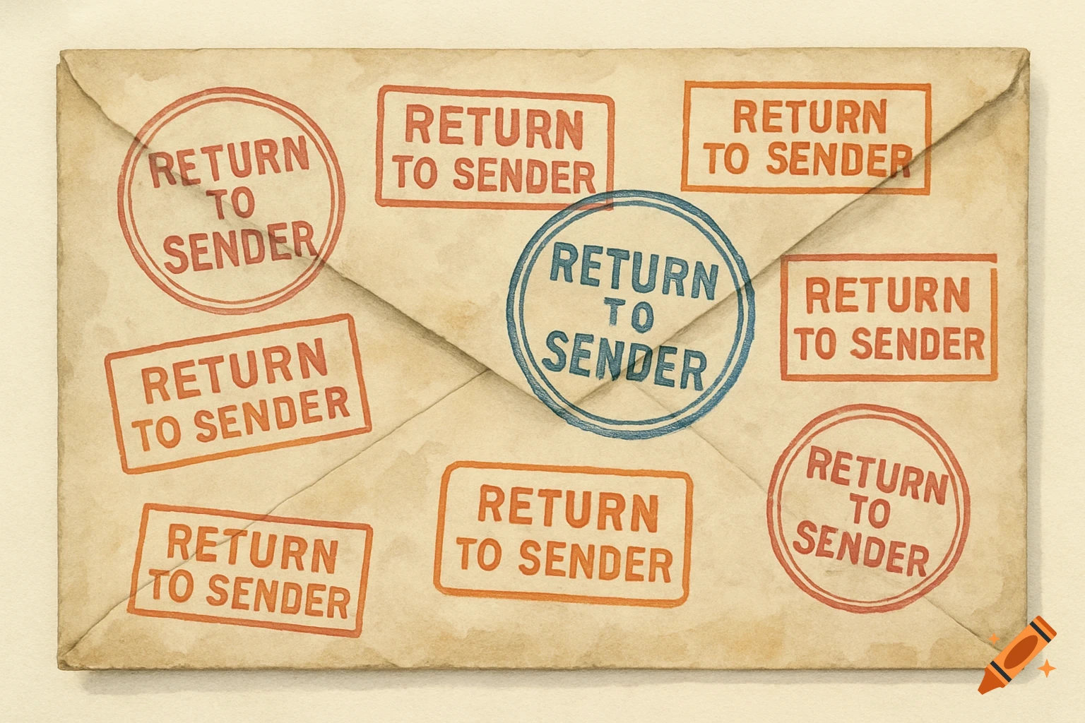 A watercolor illustration of a beige envelope covered in multiple red and blue 'RETURN TO SENDER' stamps.
