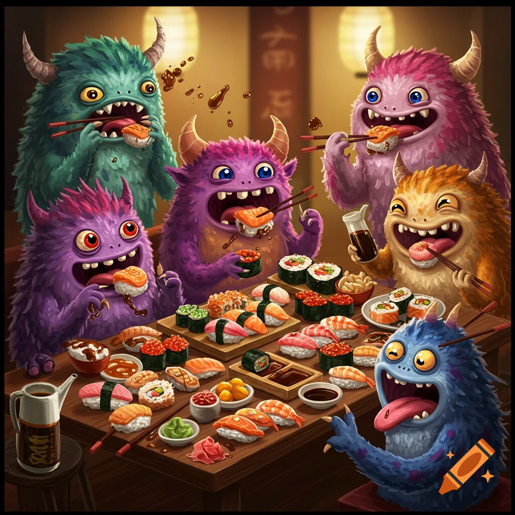 Six colorful cartoon monsters happily eating a large variety of sushi and sashimi at a wooden table in a restaurant.