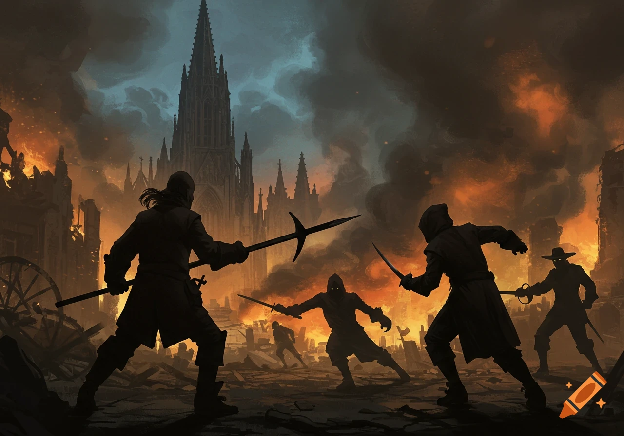 Silhouetted figures battle in a burning, ruined 17th-century gothic city, with a prominent spire. Dark, dramatic art style.