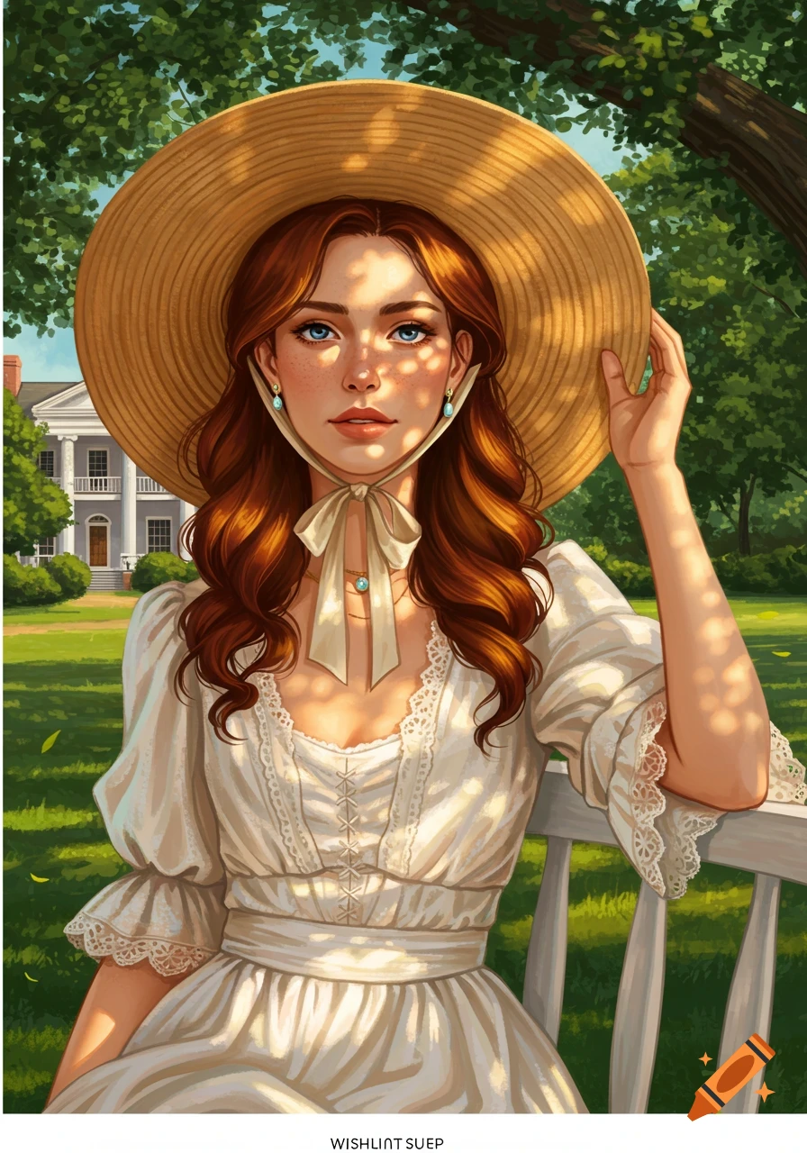 Digital painting of a red-haired woman in an old-fashioned white dress and straw hat, sitting on a bench in a sunny garden.