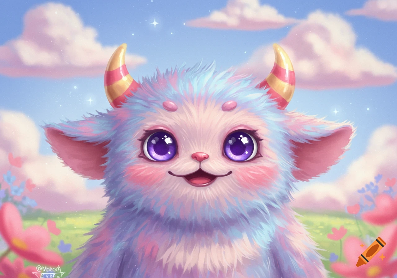 A cute, fluffy monster with pastel fur and big purple eyes smiles in a field of flowers under a starry sky.
