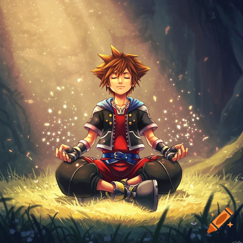 Sora from Kingdom Hearts meditating in a sunlit forest clearing, with sparkling light particles, in an illustrated style.