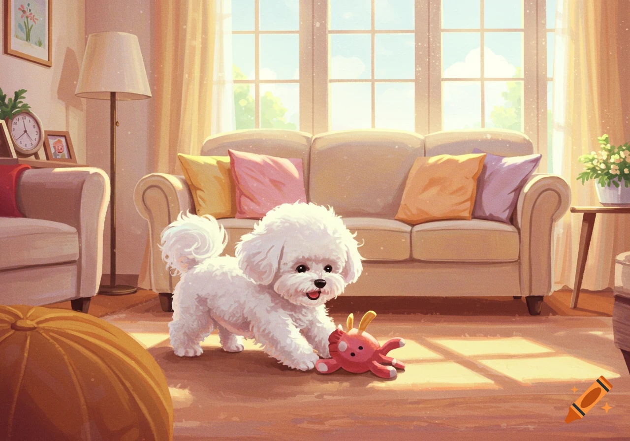 A fluffy white dog with a happy expression plays with a red toy on the floor in a bright, sunny living room.