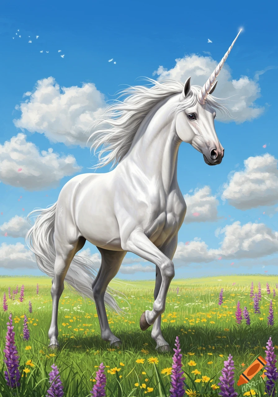 A majestic white unicorn walks through a vibrant green meadow filled with purple and yellow wildflowers under a blue sky with fluffy clouds. Digital painting.