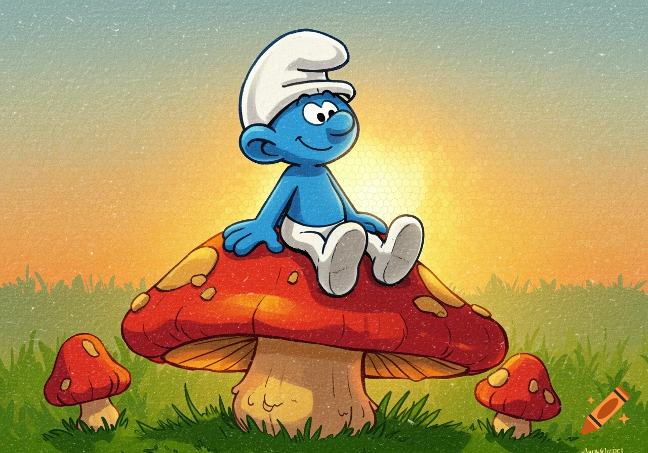 A cartoon Smurf sits on a large red mushroom with two smaller mushrooms beside it, against a setting sun in a mosaic style.