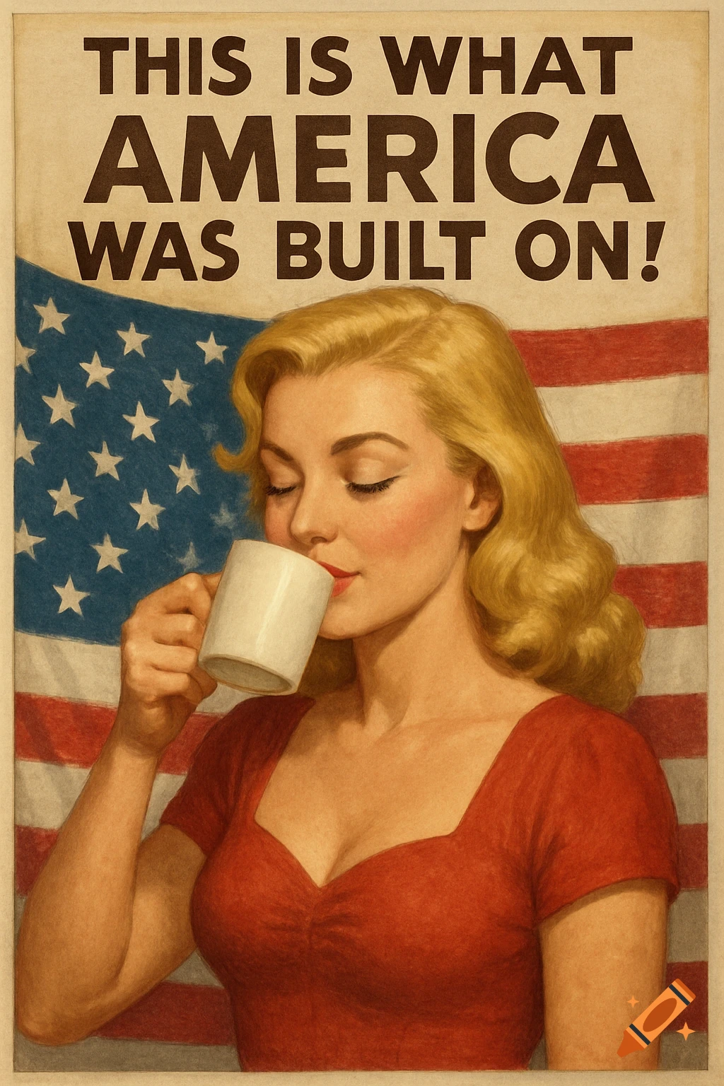 A vintage-style patriotic poster depicts a blonde woman in a red top drinking coffee, with an American flag in the background. Text reads, "THIS IS WHAT AMERICA WAS BUILT ON!"