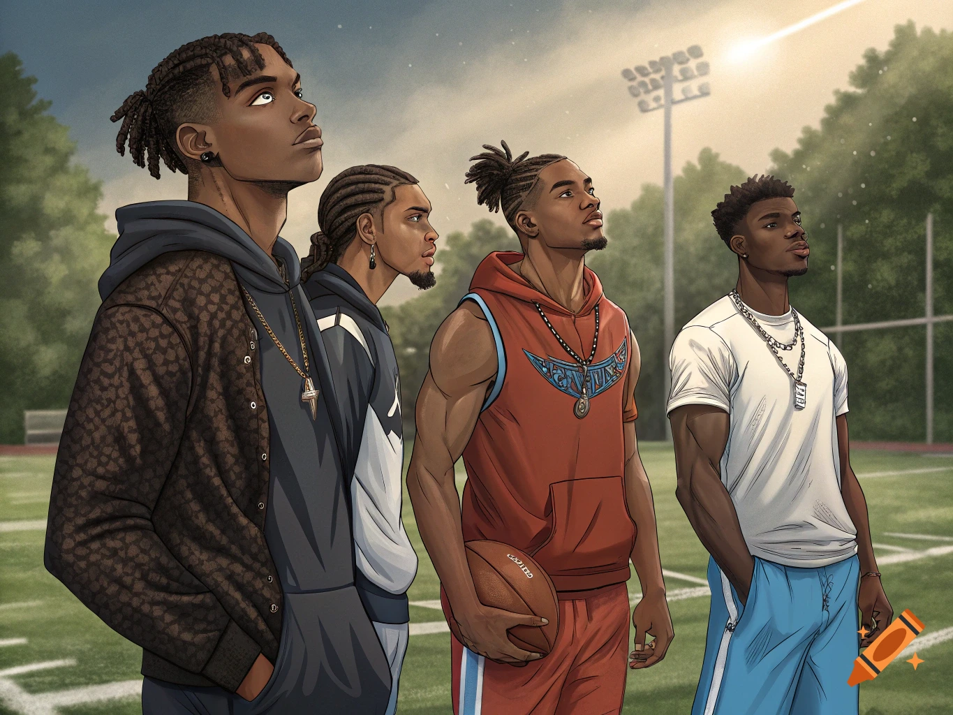 Four young Black men in sporty attire stand on a football field, looking up. One holds a football, and they have various hairstyles.