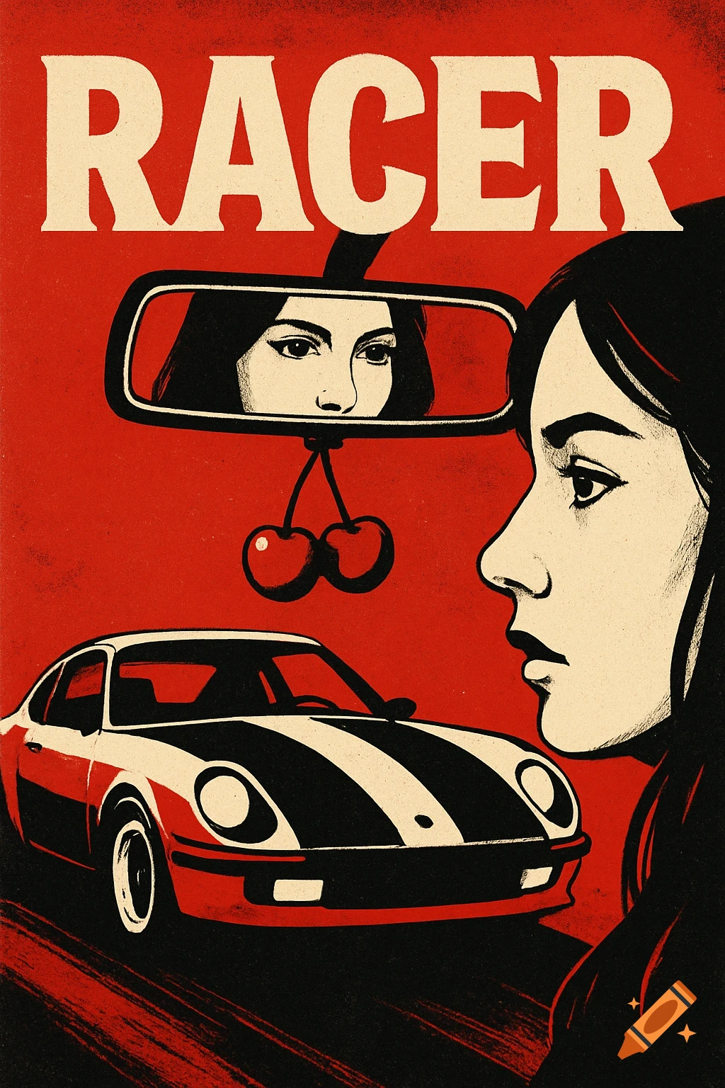 Retro-style poster in red, black, and white featuring a woman, a striped car, and the text 'RACER'. Cherries hang from the rearview mirror.