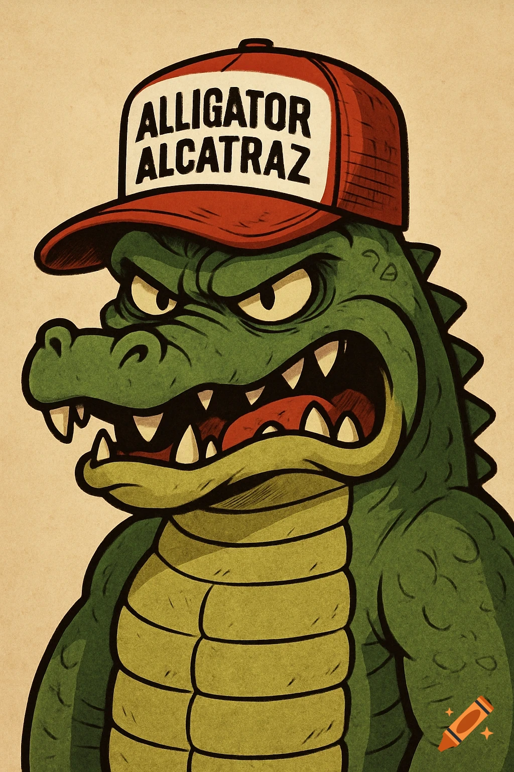 An angry cartoon alligator wearing a red trucker hat with 'ALLIGATOR ALCATRAZ' on the front.