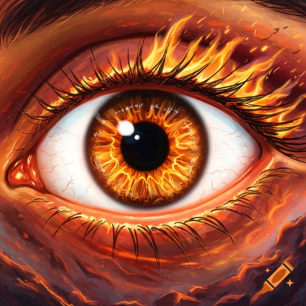 A close-up of a human eye with a fiery orange iris and flames erupting from the eyelashes.