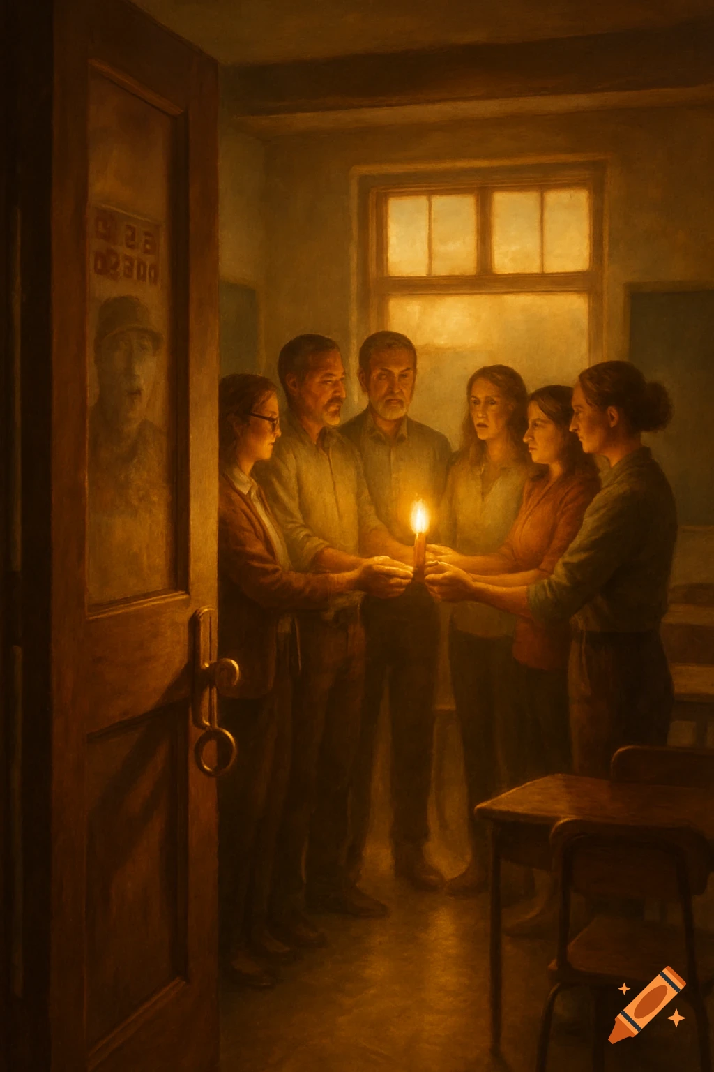 A group of people gathered in a dimly lit room, illuminated by a single candle they hold. A faint reflection of a blurred poster is visible on an open door.