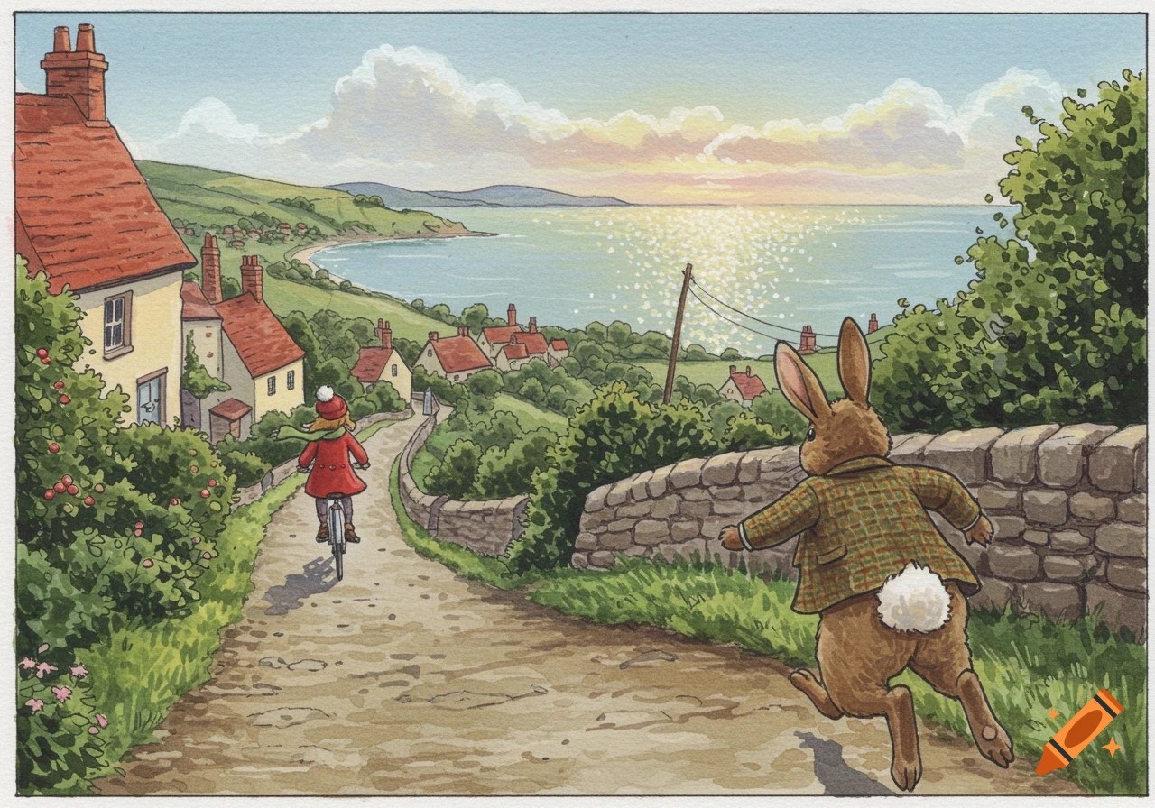 A watercolor illustration of a rabbit in a tweed jacket hopping after a girl on a bicycle down a village lane toward a sparkling sea at sunset.