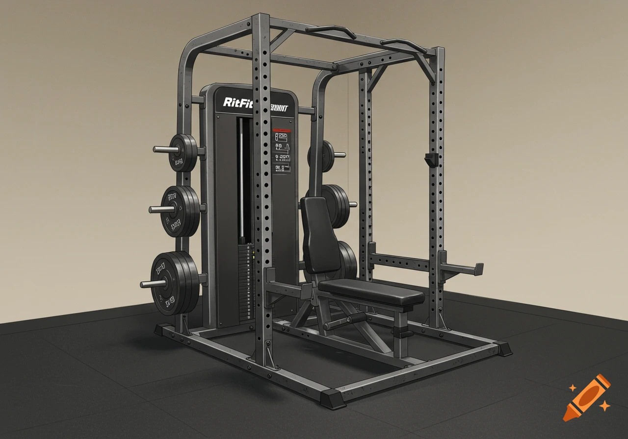 A dark gray gym power rack with weight plates and a workout bench, on a black floor against a light brown wall, in a realistic style.