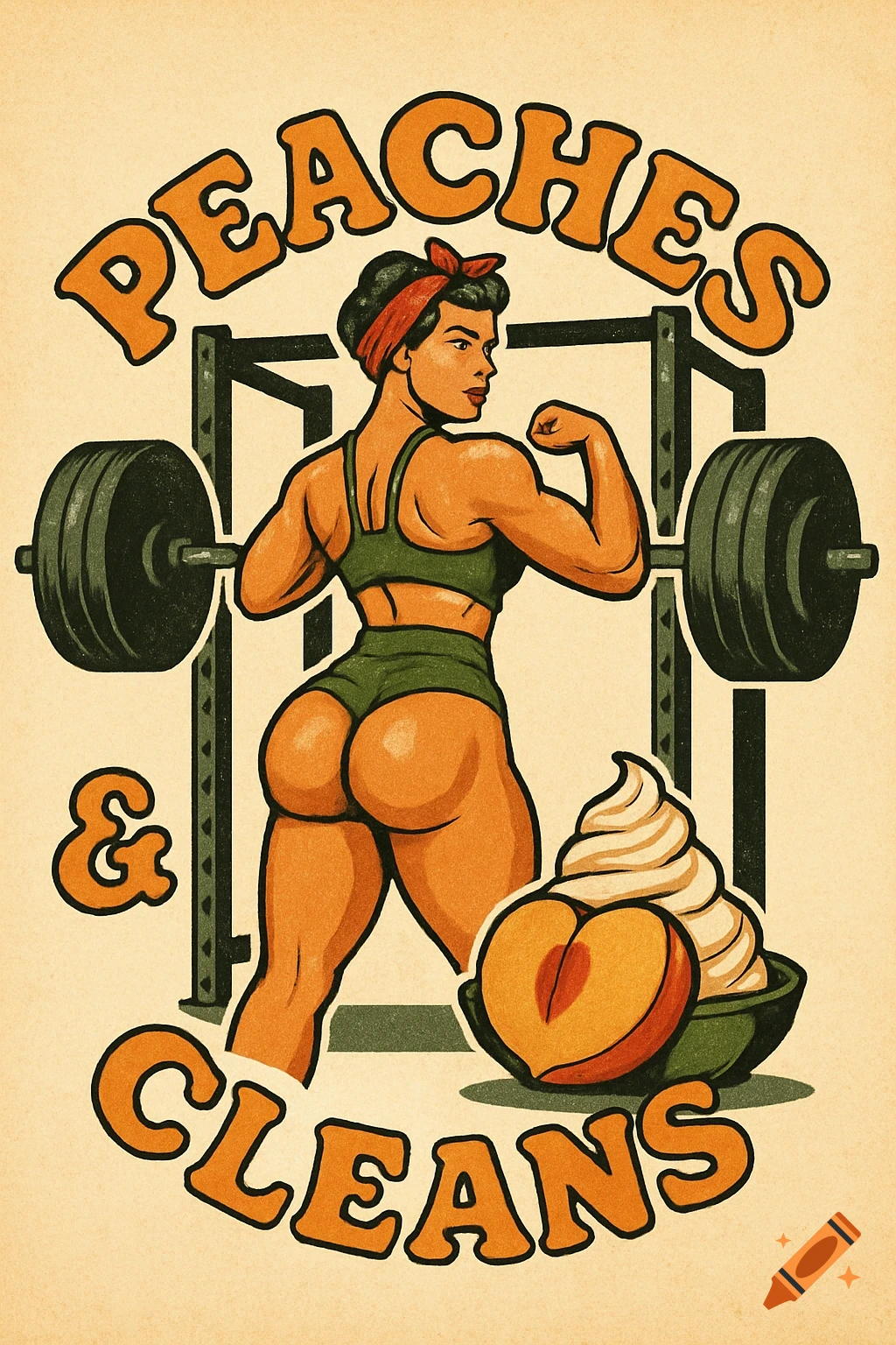 Kitschy vintage illustration of a muscular woman with peach-shaped glutes flexing by a weight rack. Text: PEACHES & CLEANS.