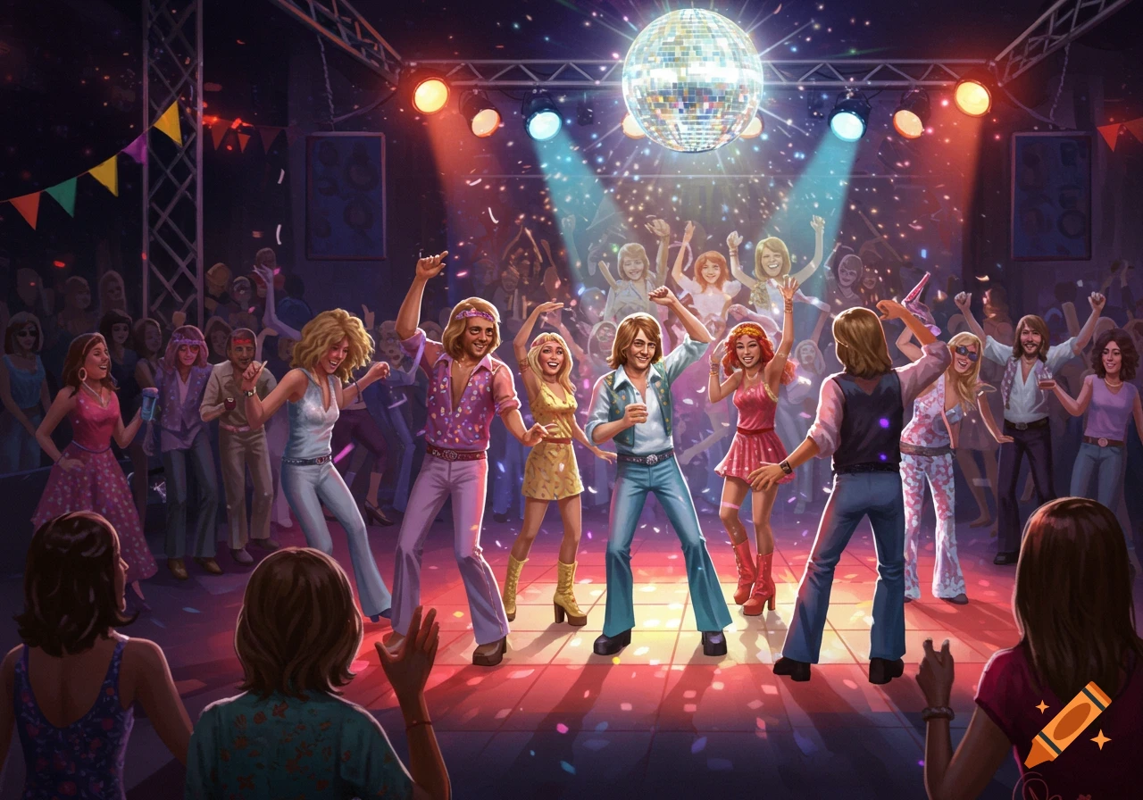 A vibrant 70s-themed disco party with people dancing under a large disco ball and colorful lights.