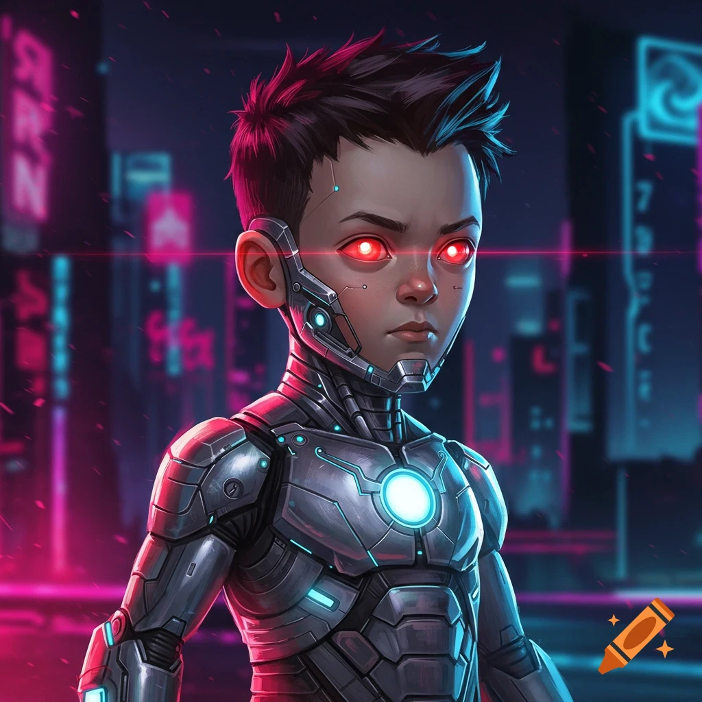 A cybernetic boy with glowing red eyes and metal suit stands in a vibrant neon cyberpunk city.